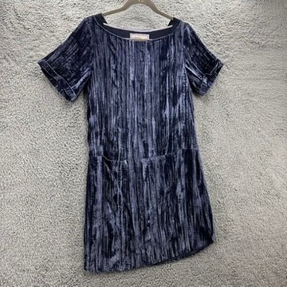 Anthropologie Flareat Shirt Dress Crushed Velvet Blue Short Sleeve Front Pockets - Picture 4 of 10
